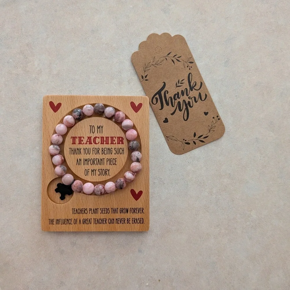 Teacher Appreciation Natural Pink Stone‎ Beaded Bracelet with Puzzle Piece Charm